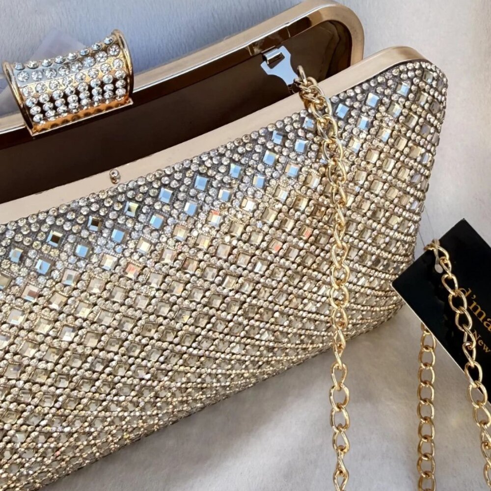 D’margeaux New York Sparkling Gold Rhinestone Evening Clutch Bag Chain NWT - Picture 8 of 14